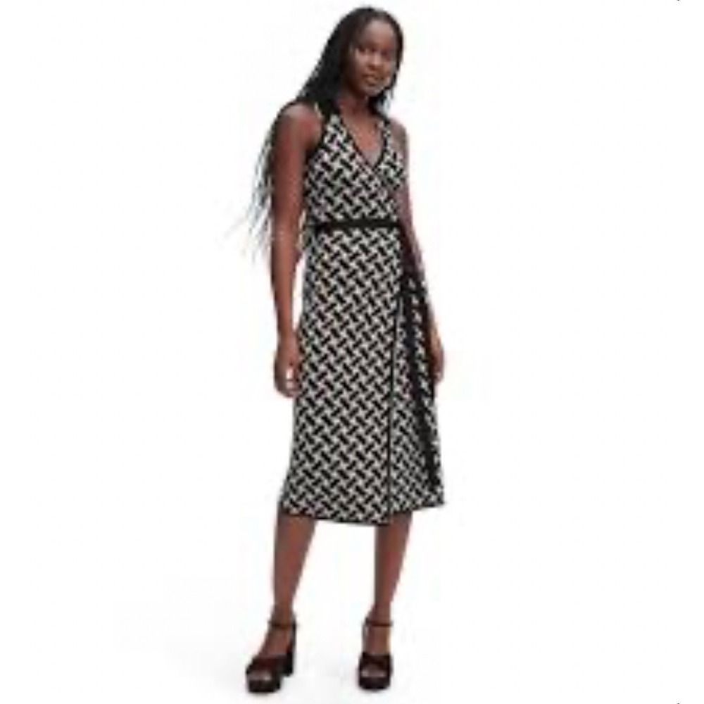 Diane von Furstenberg DVF Knit Wrap Dress Geometric Black Tan Small S